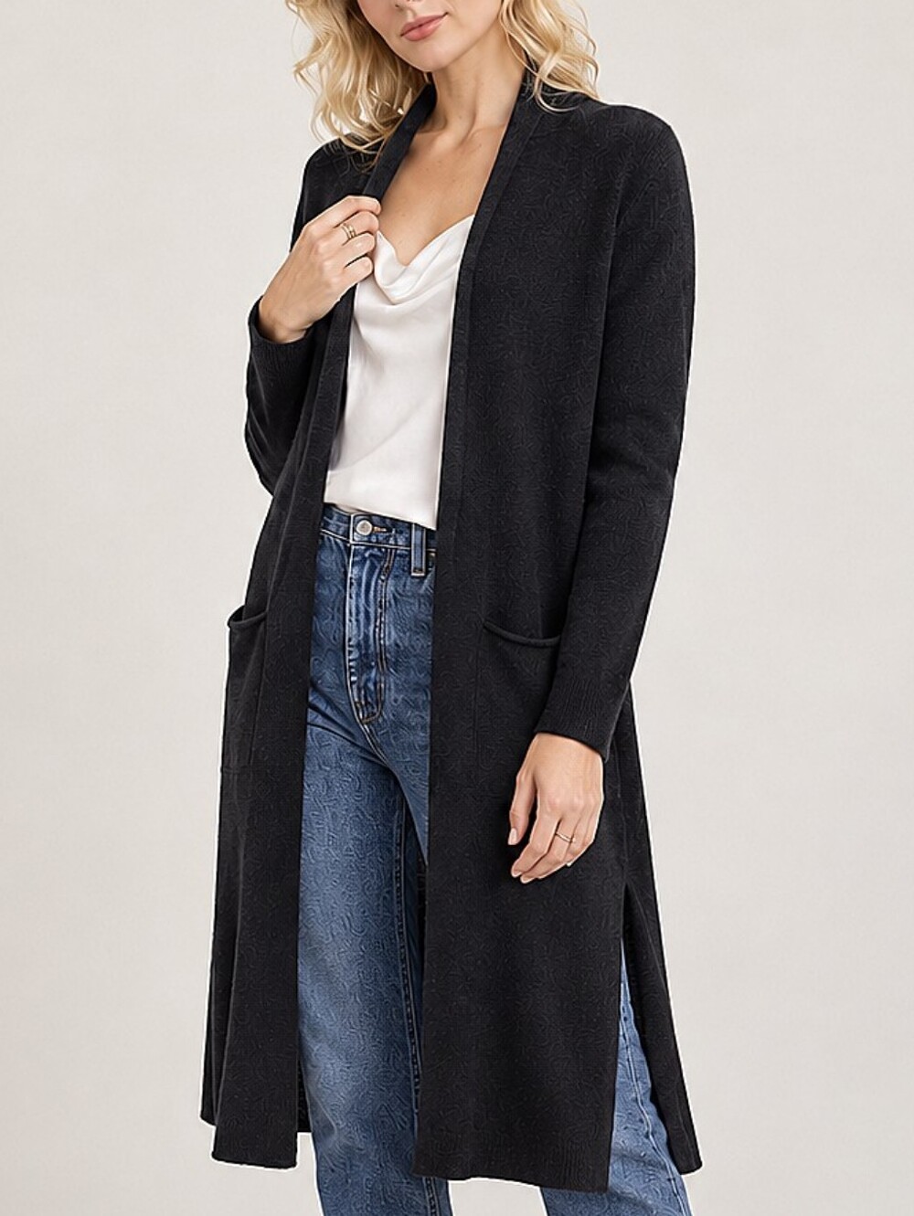 C by Bloomingdale's 100% Cashmere Long Duster open Cardigan Black XS Pockets